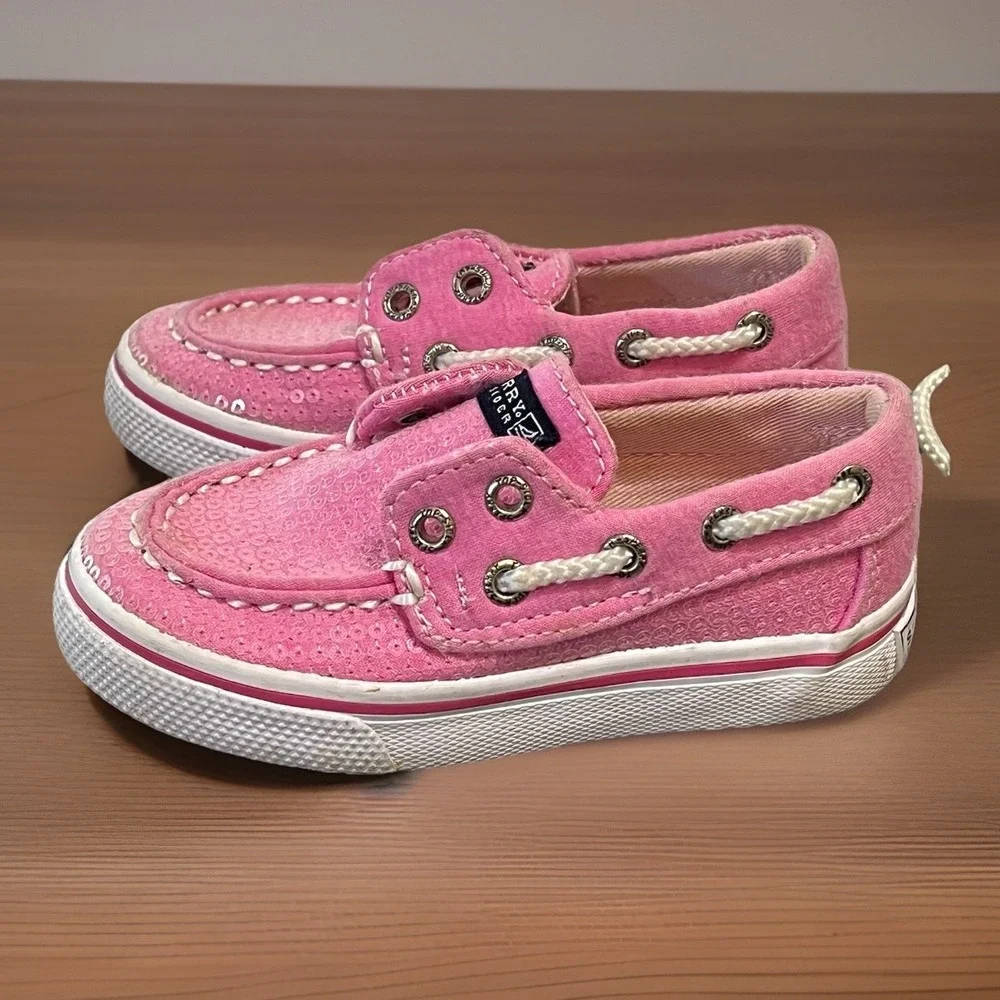 Sperry Topsider Size 6M Girls Boat Shoes Bahama Pink Sequin Toddler Slip On Tie